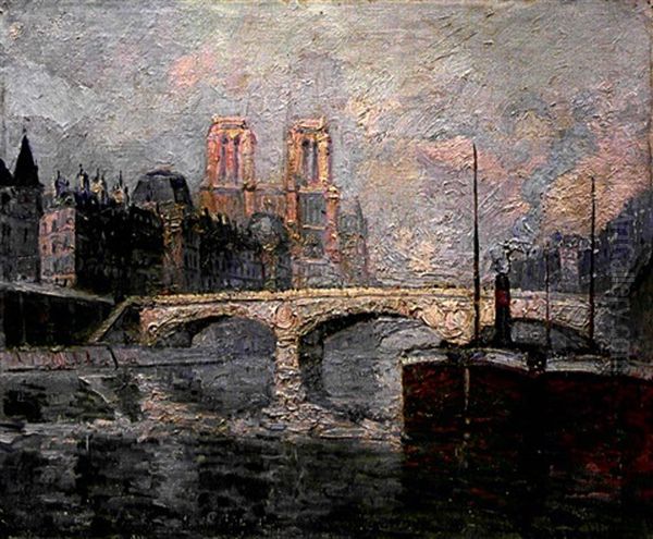 Peniche Amarrees Sur La Seine Pres De Notre-dame Oil Painting by  Frank-Will