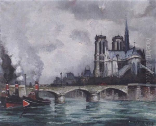 Bateau A Vapeur Pres De Notre Dame Oil Painting by  Frank-Will