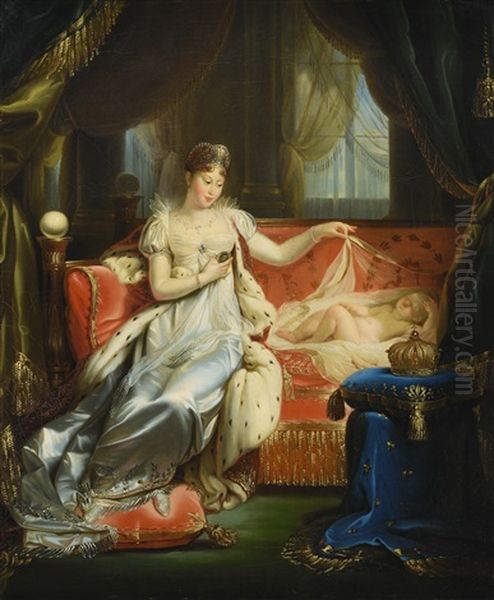 Empress Marie-louise Watching Over The Roi De Rome Asleep Oil Painting by Joseph Franque