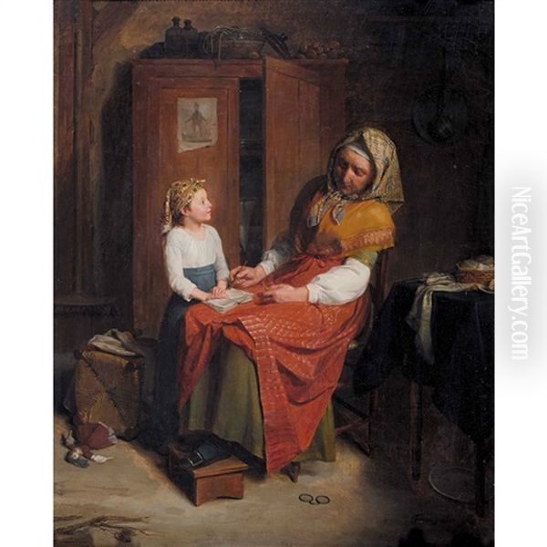 Interieur Mit Grossmutter Und Enkelin Oil Painting by Jean Augustin Franquelin