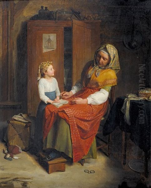 Interieur Mit Grossmutter Und Enkelin Oil Painting by Jean Augustin Franquelin