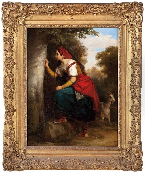 Junge Katalanin Ritzt Einen Namen In Den Baum Oil Painting by Jean Augustin Franquelin