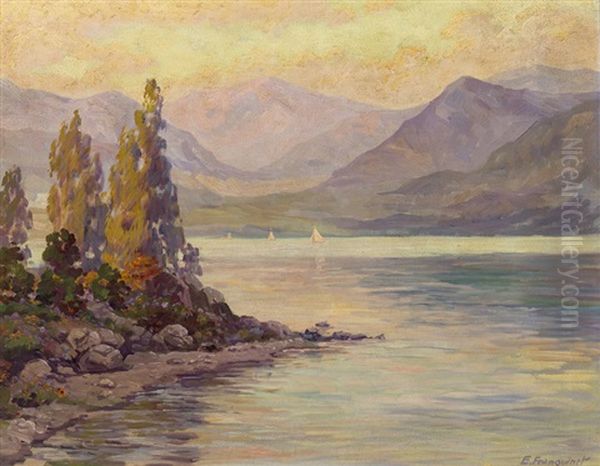 Boats On A Lake In A Mountain Landscape, Possibly Fallen Leaf, Lake Tahoe Oil Painting by Eugene Pierre Franquinet