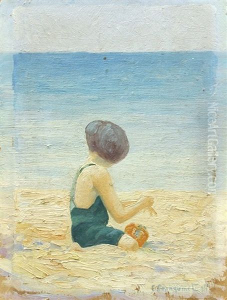 Girl Playing At The Beach (+ Landscape With Trees, Verso) Oil Painting by Eugene Pierre Franquinet