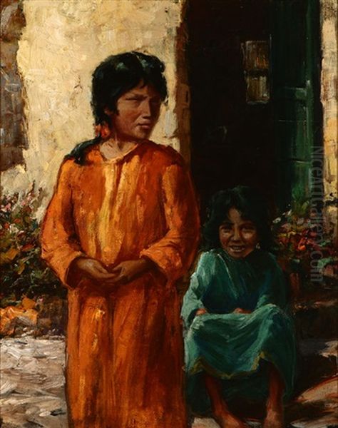 Sisters, Two Figures Outdoors Oil Painting by Eugene Pierre Franquinet