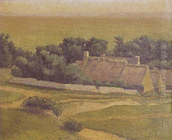 Country Landscape With Thatched Roof Buildings Amidst Trees Oil Painting by Heinrich Franz