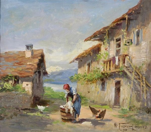 Wascherin Vor Dem Haus Oil Painting by Albert Henri Charles Franzoni