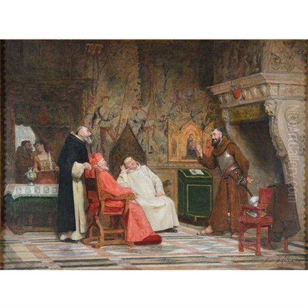 Cardinal And Monks In An Interior Oil Painting by Jose Frappa