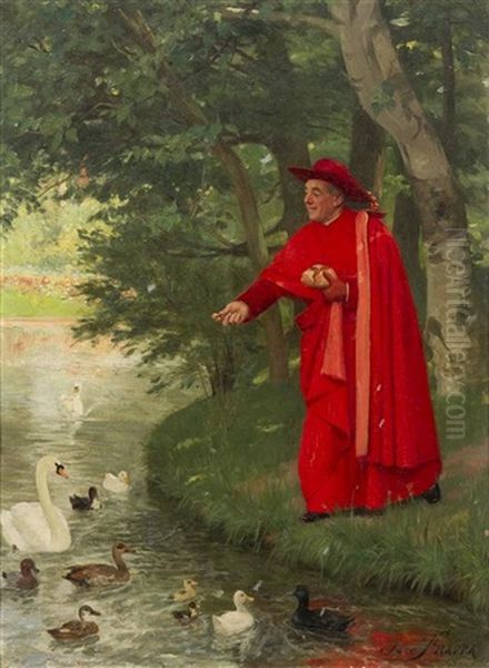 Cardinal Feeding Ducks Oil Painting by Jose Frappa