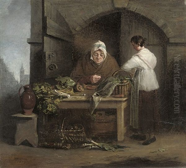 An Old Woman At A Table Of Vegetables With A Maid, In A Doorway Oil Painting by Alexander Fraser the Elder