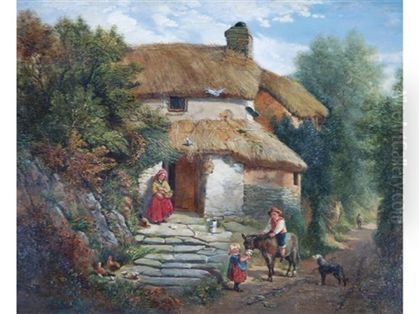 Thatched Cottage With Woman Feeding Chickens Oil Painting by Alexander Fraser the Younger