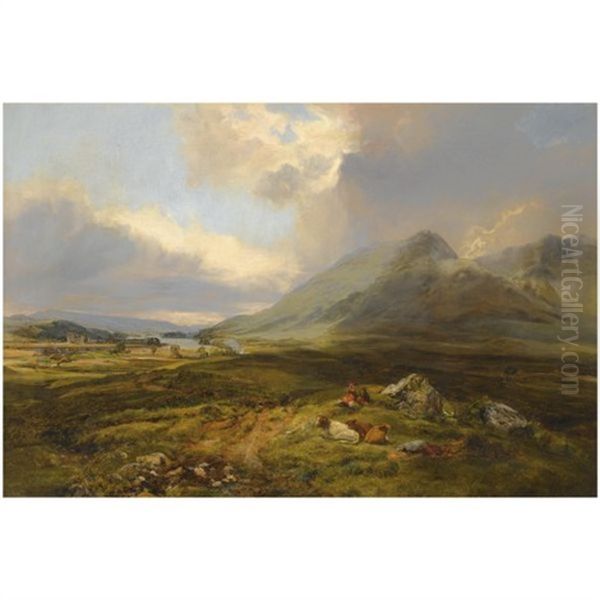 Figures And Cattle Resting Beside Loch Awe Oil Painting by Alexander Fraser the Younger