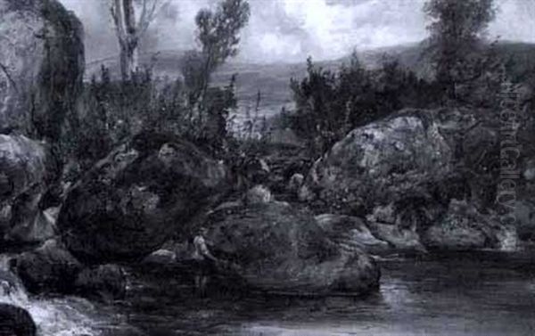 Fisher Near Boulders In The Stream Oil Painting by Alexander Fraser the Younger