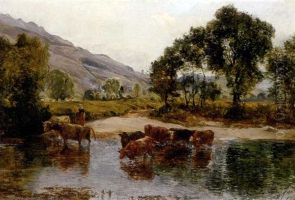 River Landscape With Cattle At A Ford Oil Painting by Alexander Fraser the Younger