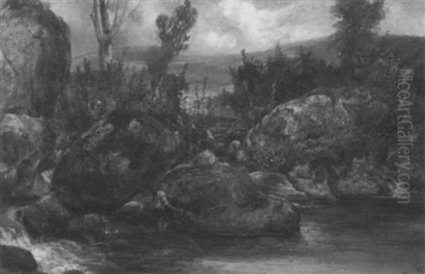 Fisher Near Boulders In The Stream by Alexander Fraser the Younger