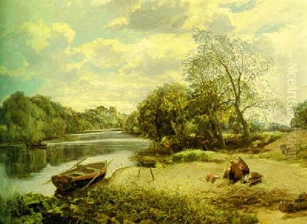 Uddingston Ferry On The River Clyde, With Bothwell Castle Beyond Oil Painting by Alexander Fraser the Younger