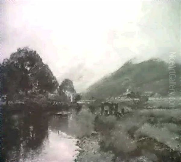 Barges On A Highland River Oil Painting by Alexander Fraser the Younger