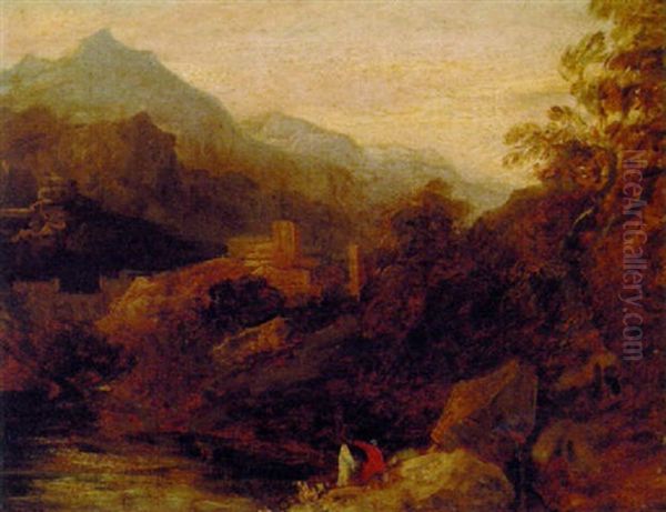 An Extensive Mountainous Landscape With Figures By A Pool And Fortifications Beyond (india?) Oil Painting by James Baille Fraser