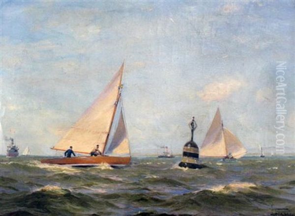 Yachts Rounding A Buoy Oil Painting by John Fraser