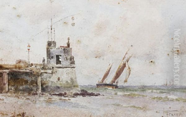 Shipping Off The Coast (+ Another; Pair) (+ In Plymouth Harbor, Watercolor; 3 Works) Oil Painting by John Fraser