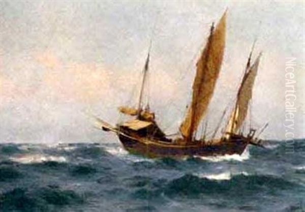 A Junk At Sea Oil Painting by John Fraser