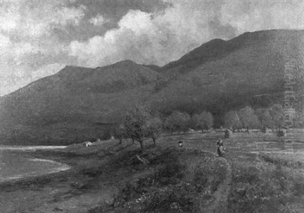 Extensive Landscape With Women On Shore Path Oil Painting by John Arthur Fraser