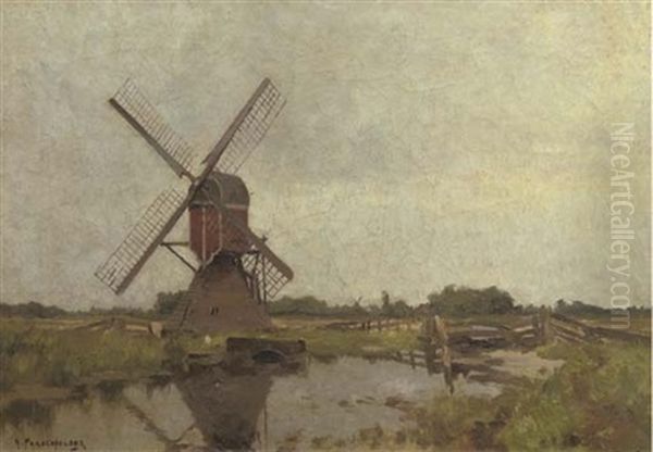 Molen Bij Fennemeer, Warmond - A Windmill In A Polder Landscape Oil Painting by Hendrik Frauenfelder