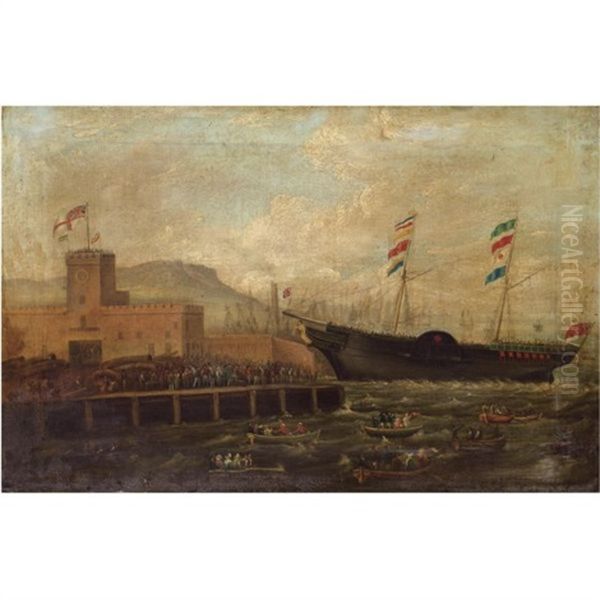 Launch Of The Steamship "aurora" From Belfast Harbour 1839 Oil Painting by Hugh Frazer