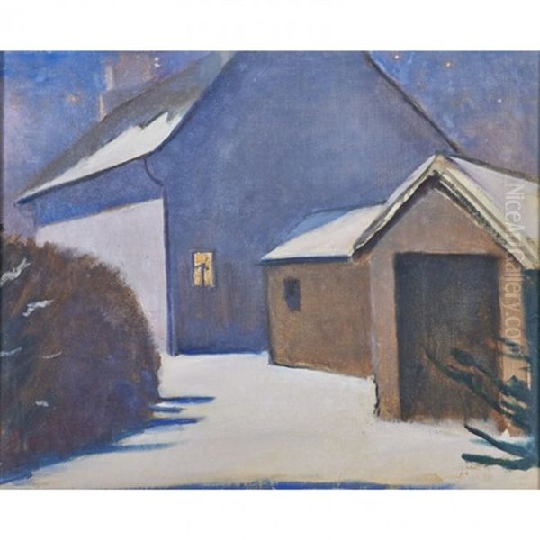 Barns In The Snow; Portrait Of A Young Woman Smoking (2 Works) Oil Painting by Kenneth Frazier