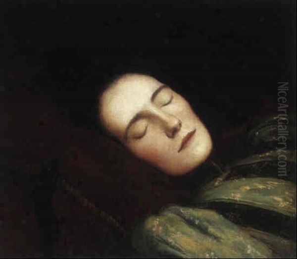 Lady Sleeping With Head Resting On A Red Velvet Cushion Oil Painting by Kenneth Frazier