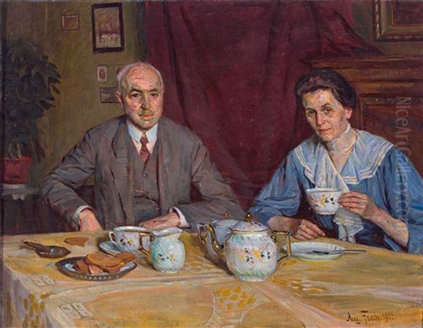 Portrait Des Ludwig Wratzfeld Und Seiner Frau Ida Am Kaffeetisch Oil Painting by August Frech