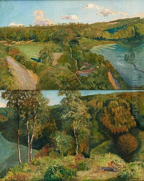 Vues Plongeantes Sur La Meuse (2 Works) Oil Painting by Baron Leon Frederic