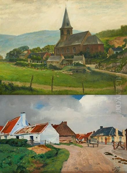 Vue Du Village Et Paysage A Nafraiture (2 Works) Oil Painting by Leon Frederic