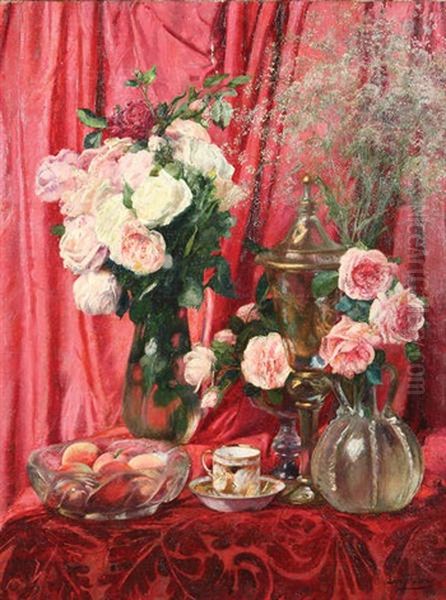 Nature Morte Aux Roses Devant Un Rideau Rouge Oil Painting by Leon Frederic