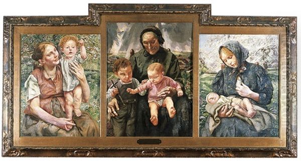 Sainte Famille - Les Ages De La Vie (triptych) Oil Painting by Leon Frederic