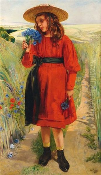 Le Printemps Ou Jeune Fille Aux Bleuets Oil Painting by Leon Frederic