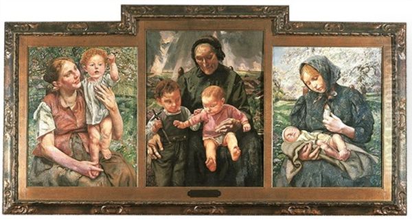 Sainte Famille - Les Ages De La Vie (3 Works In Triptych) Oil Painting by Leon Frederic