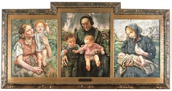 Sainte Famille - Les Ages De La Vie (triptych) Oil Painting by Leon Frederic