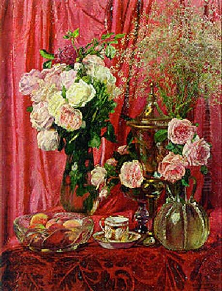 A Still Life With Roses In Vases And Peaches In A Bowl On A Draped Table Oil Painting by Leon Frederic