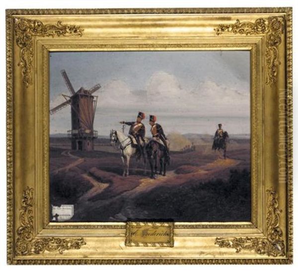 Officers On Horseback Near A Windmill (offiziere Zu Pferd Bei Einer Windmuhle) Oil Painting by Eduard Frederich