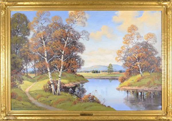 Summer Landscape With Birch Trees Along A River Oil Painting by Ernest Fredericks