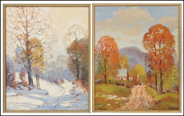 Winter Landscape And Barn In Autumn (2 Works) Oil Painting by Ernest Fredericks