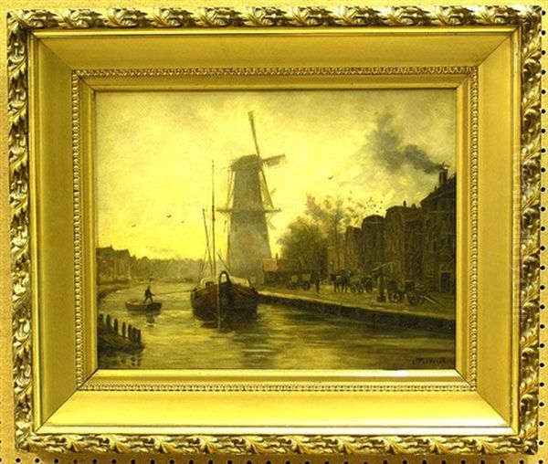 Canal By A Windmill With Boats Oil Painting by Carl Frederiksen