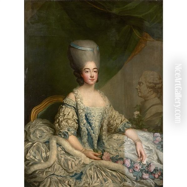 Portrait De La Comtesse De Provence Marie-josephine De Savoie Posant Devant Une Sculpture Representant Louis Xviii En Buste Oil Painting by Jean-Martial Fredou