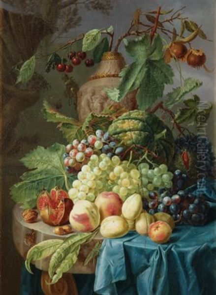 Still Life With Fruit On A Stone Table Oil Painting by Johannes Hendrik Fredriks