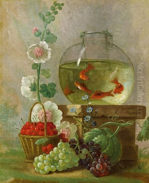 Stillleben Mit Goldfischen, Kirschen Und Blumen Oil Painting by Johannes Hendrik Fredriks