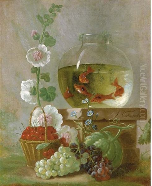 Goldfish In A Bowl On A Ledge Beside Cherries And Other Fruit And Flowers Oil Painting by Johannes Hendrik Fredriks