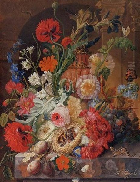 Irises, Peonies, Roses And Other Flowers Surrounding A Terracotta Urn, With A Birds' Nest, Grapes And Plums Oil Painting by Johannes Hendrik Fredriks