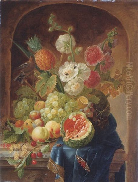 Melons, Grapes, A Lemon, Peaches, Plums, Cherries, White Currants, Gooseberries, A Bird's Nest And Other Things On A Draped Marble Ledge Oil Painting by Johannes Hendrik Fredriks