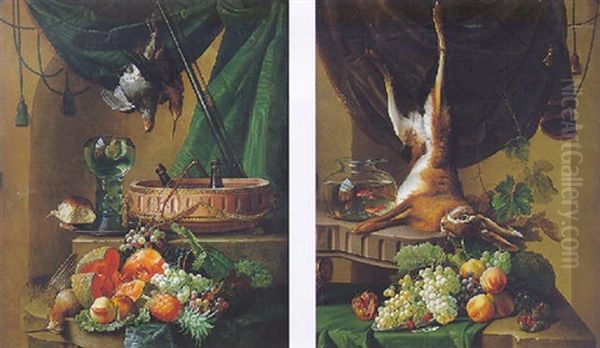 Nature Morte Avec Fruits, Lievre, Bocal De Poissons Rouges Contre Une Niche De Pierre Ornee D'une Draperie Brune Oil Painting by Johannes Hendrik Fredriks